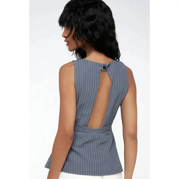 Lulu’s Women’s Size M Pep Talk Slate Blue Striped Peplum Top - Picture 3 of 11